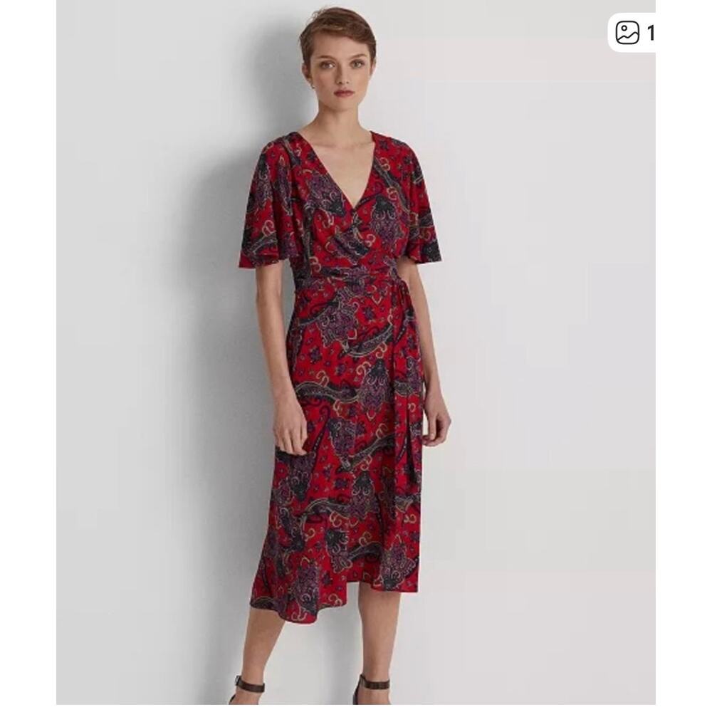 LAUREN Ralph Lauren Womens Red Paisley Midi Crepe Fit & Flare Dress Sz 6
